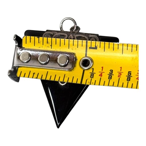 Sterling Silver & Onyx Triangle Pendant Intricate Scrollwork Design Art Deco - Picture 5 of 6